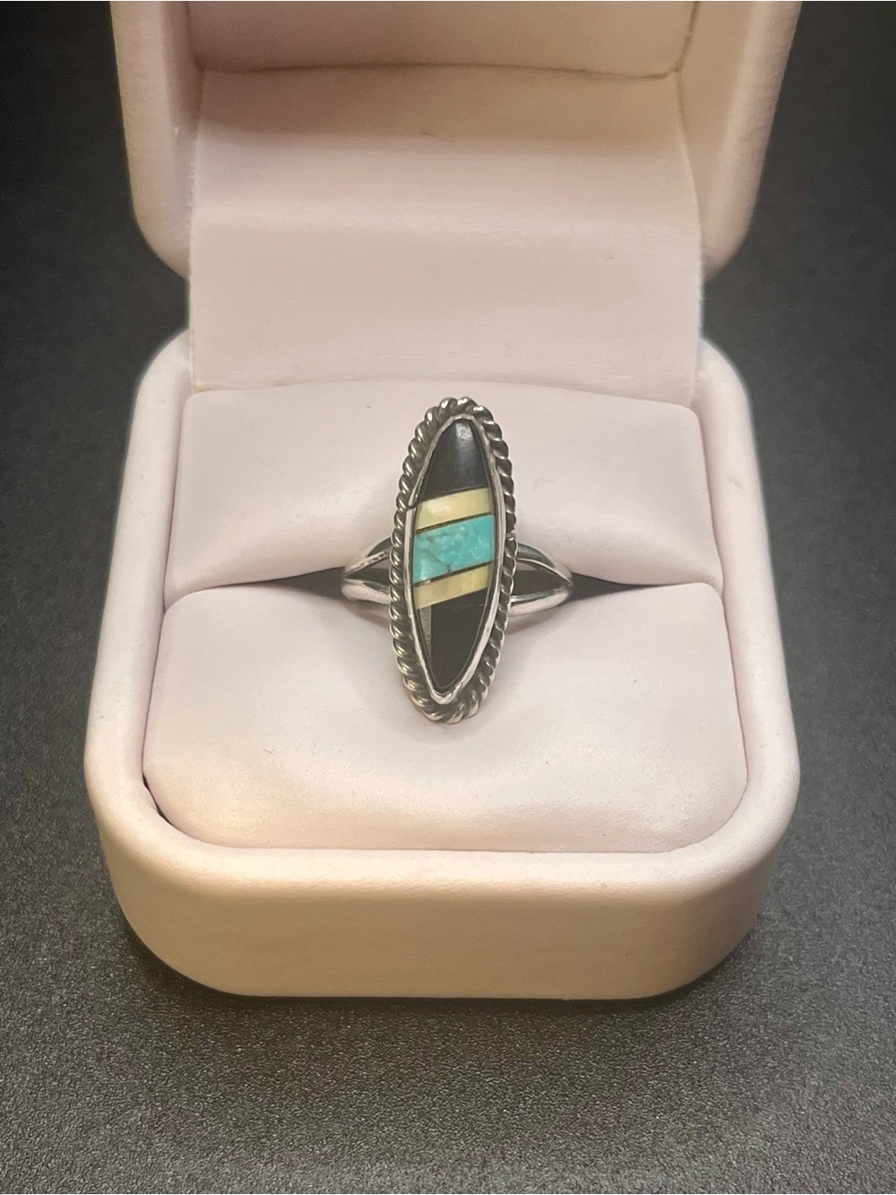 Vintage Sterling Silver Turquoise Onyx Shell Inlay Ring Size 5